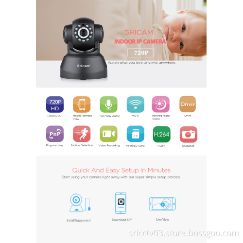 Sricam Top Sell HD720P Onvif 128GB plug and play infrared surveillance P2P PTZ Indoor IP Camera